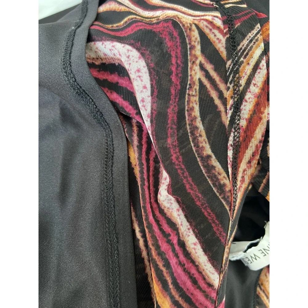 Nine West 2X Sheer Sleeves Overlay Ripple Midi Dress Ruched‎ Waist Pink Black